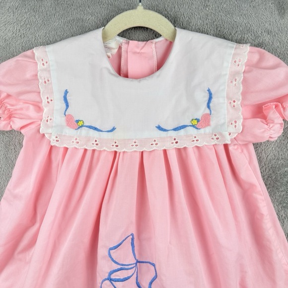 Pink Frilly Easter Dress Size 4 Embroidered Blue Bow Peter Pan Collar Coquette - Picture 3 of 9